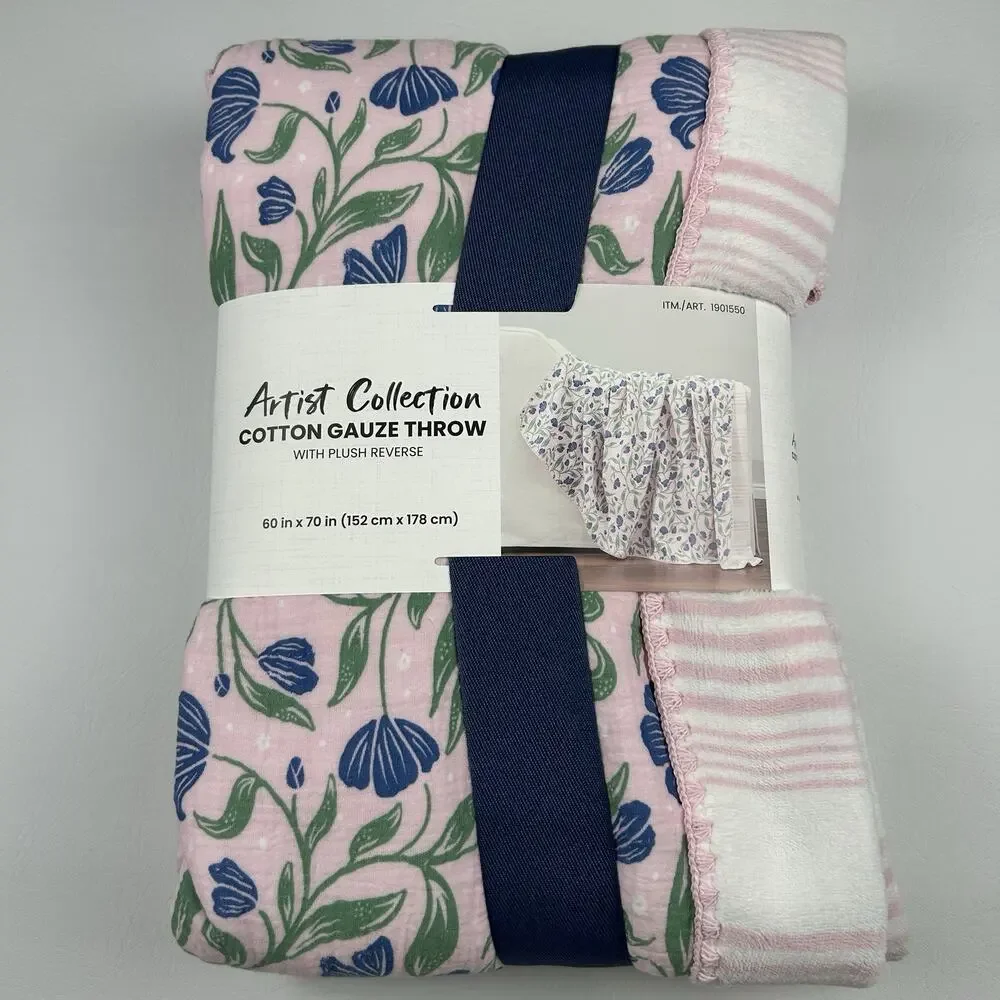 Artist Collection Cotton Gauze Throw Plush Reverse Pink Floral Blanket 60x70